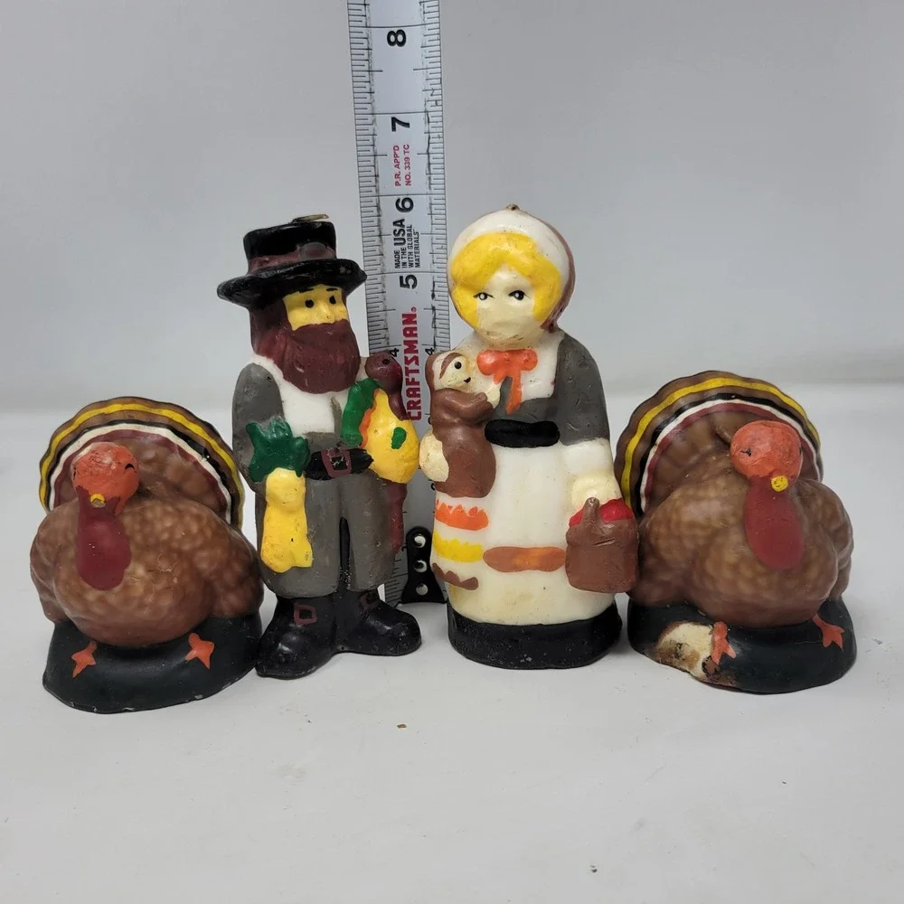Vintage‎ Thanksgiving Pilgrim Man Woman and Turkey Figural Candle Set of 4